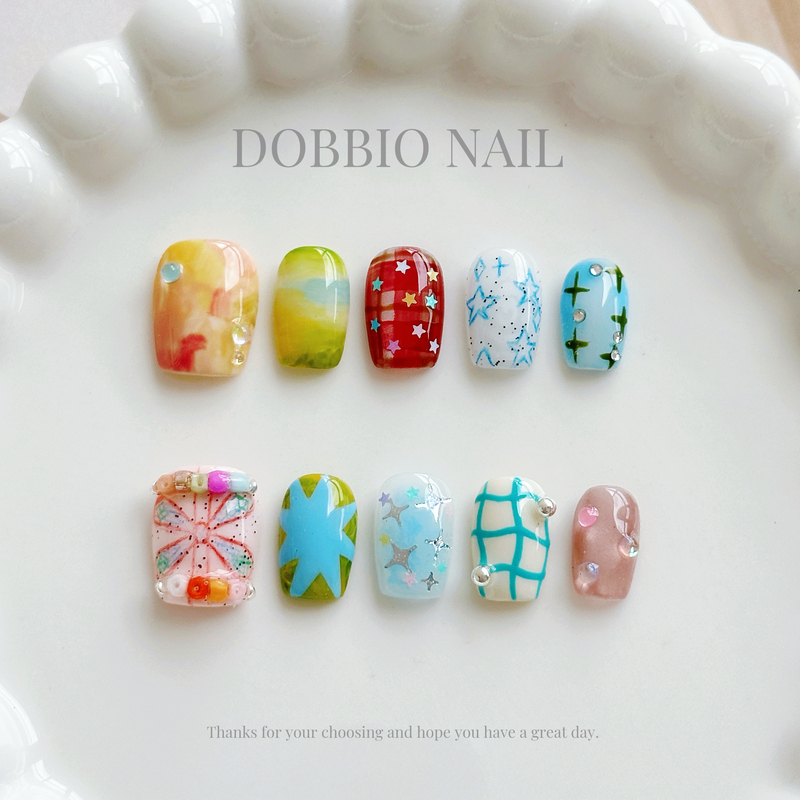 Dobbio【Dream Catching Summer】Korean Style ins Dopamine Colorful Contrast Handmade Wearable Nails High-End Nail Art Pieces