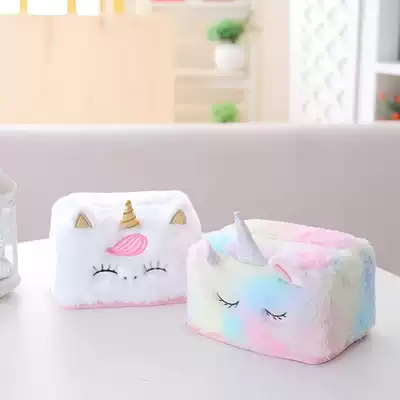 ins Wind pink young girl heart cartoon unicorn tissue box plush tissue towel cover home car decoration sanitary paper box