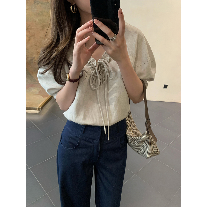 Slightly Sweet Sasa Lace-Up Ruffle Design Short-Sleeved Shirt for Women, New Summer Style, Loose Lantern Sleeve Top, Linen