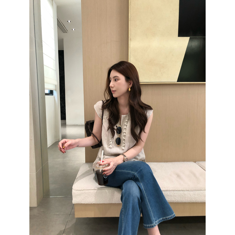 Slightly Sweet Sasa Tassel Design Linen Sleeveless Shirt for Women, New Summer Style Vest Outerwear C8186