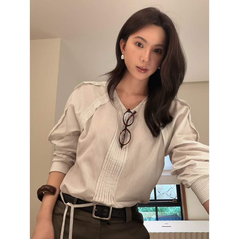 Slightly Sweet Sasa French-Style Pinstripe V-Neck Shirt for Women, Long-Sleeved, Autumn Pleated Tie Design Top C8279