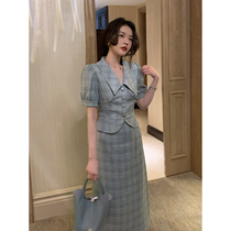Big Eees Girl design sense niche retro check dress slim French long Platycodon grandiflorum skirt