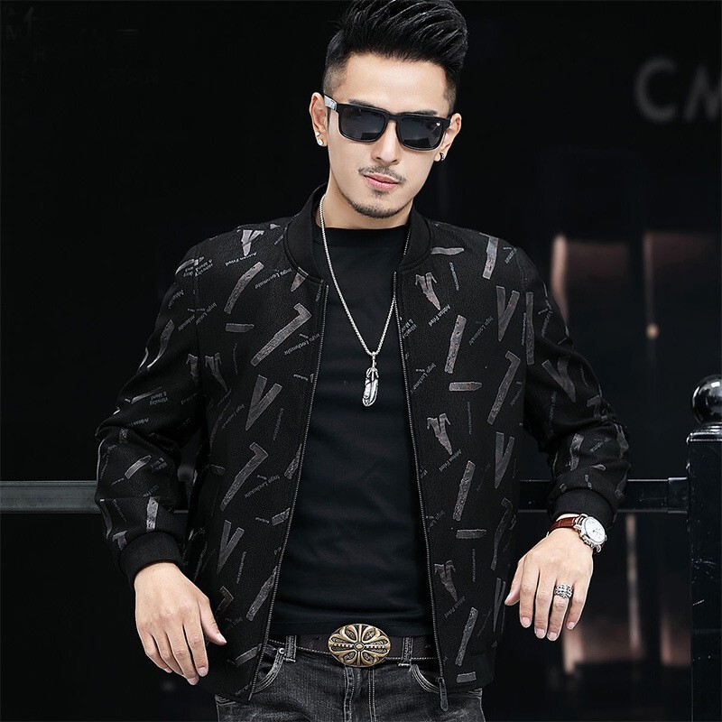 New Haining Men's Genuine Leather Jacket, Spring and Autumn Casual Baseball Jacket, Suede Printed Thin Sheepskin Jacket