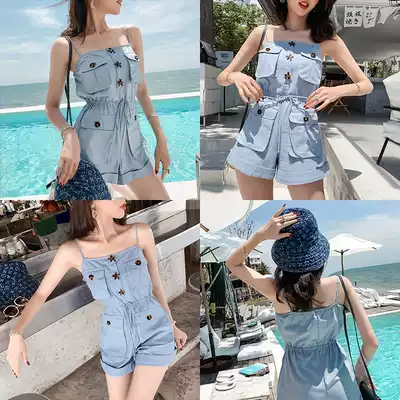 Sling jumpsuit women's wide leg pants summer new Korean version of high waist slim blue fashionable tooling