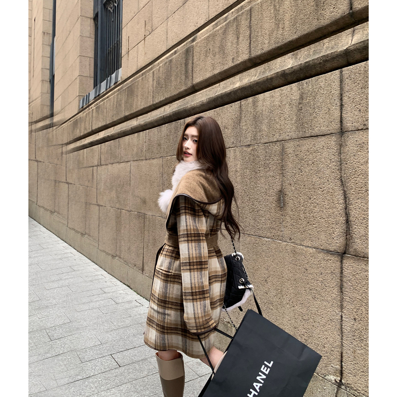 Earth Store Maillard Double-Sided Wool Coat Winter Plaid Coat for Women Double-Sided Cashmere High-End Style Petite Size