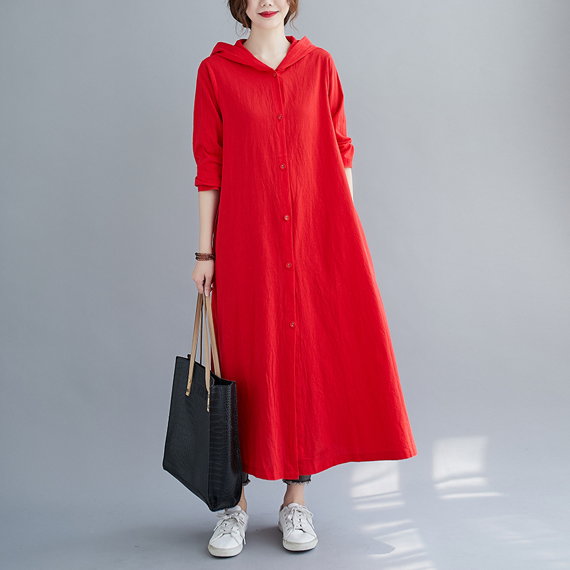 2026 Spring and Autumn New Cotton and Linen Open-Front Hooded Mid-Length Plus Size Loose Trench Coat Slimming Long Dress 2026 Spring and Autumn New Cotton and Linen Open-Front Hooded Mid-Length Plus Size Loose Trench Coat Slimming Long Dress