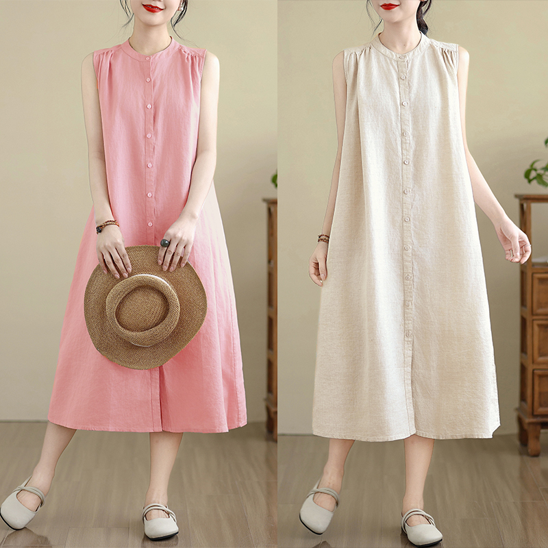 2025 Pure Cotton and Linen Dress, Sleeveless, Multi-Pleated Design, Long, Artistic, Simple Shirt-Style Cotton and Linen Solid Color Dress