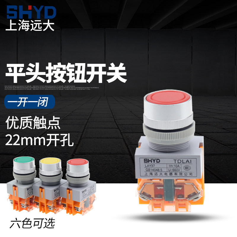 Shanghai Yuanda LAY37 (Y090)-11BN flat button start button switch self-reset 22MM self-locking button