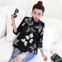 2020 Autumn New Year light girl black butterfly print Eugen Satin postmodern modified version of the cheongsam top