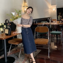 One third Liangpint small sub 2022 spring and summer retro dark blue bag gluteal denim skirt half body dress for a long length 150