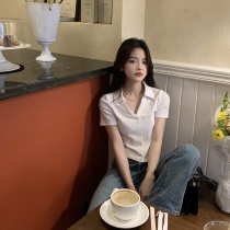 chao looks good white high waist short white polo turn collar v collar short sleeve T-shirt woman blouse 150 small