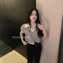 Retro Pharostyle polo turn over black and white striped short sleeve needles jersey blouse and female summer 150 little subs