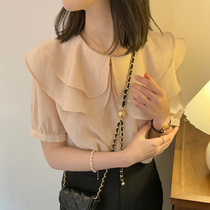 Cherry blossom pink big turned collar short sleeve shirt heather blouses woman 150 small subs