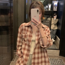 Set foot in the green ~ 2022 spring and summer retro long sleeve plaid shirt woman 150 small subs