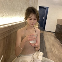 2022 Summer Black Sexy Body Knit Hanging Neck Vest Dew Shoulder Harness Pure Desire Blouse High Waist Short