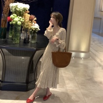 One third Liangpint small child Early Spring Gentle Temperament Pressure Pleats Long Sleeve Snow-spinning Broken Fancy Dress dress with high waist and long dress