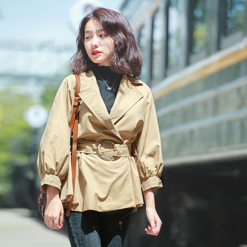 13良品韩版矮个小个子短款荷叶边裙摆收腰风衣外套女薄款2017秋季