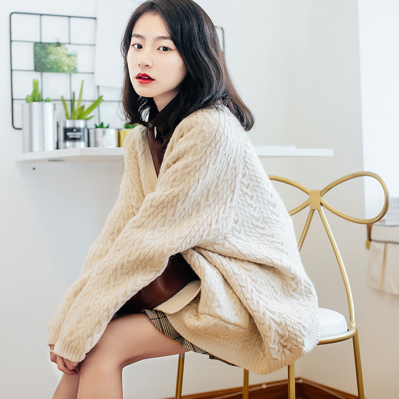 13良品2017秋冬外穿粗毛线慵懒毛衣女针织开衫外套宽松中长款韩版