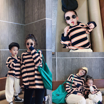 2024 Spring Autumn New Pint of Mother and Child Clothing Stripes Loose Casual Round Collar 100 Hitch Color Foreign Air Blouse Tide