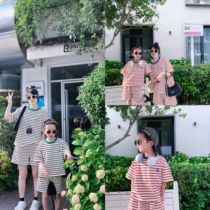 Summer parent-child black and white striped suit mother-child mother-daughter pure cotton slimming classic casual suit