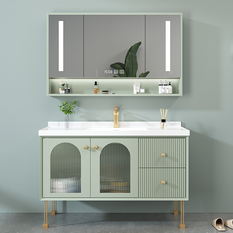 American Light Lavish Rockboard Solid Wood Bath Cabinet Cabinet Combination Modern Glass Door Intelligent Mirror Handwashing Washbasin Wash Table