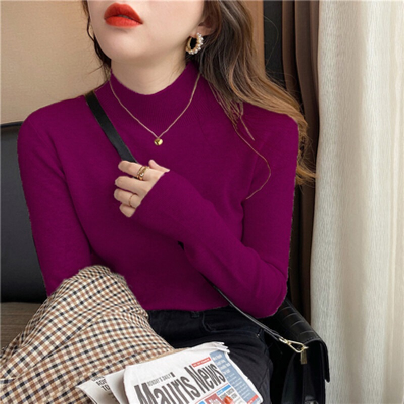 Women's Base Layer Shirt for Spring, Autumn, and Winter, Slim-Fit Long-Sleeve Top, Stylish Plus-Size Sweater, Mature Style, Half-High Collar Knitwear