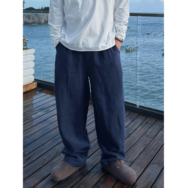 Maltdiary Plus Size Loose 100% Linen Straight Casual Pants Men's Summer Old Money Breathable Long Pants