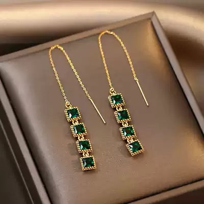 Emerald square ear refining female long version of tassel earrings 2021 New Tide ear needle 925 silver needle earrings earrings