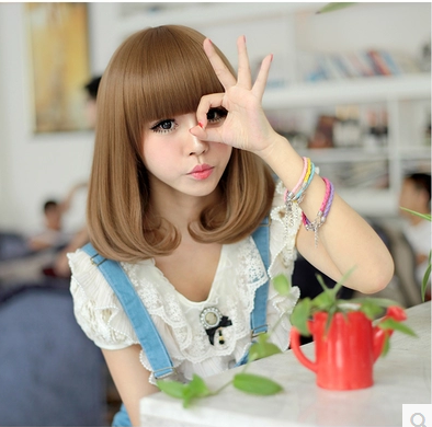 梨花头假发女时尚自然甜美修脸齐刘海内扣卷发中长发微卷短发蓬松