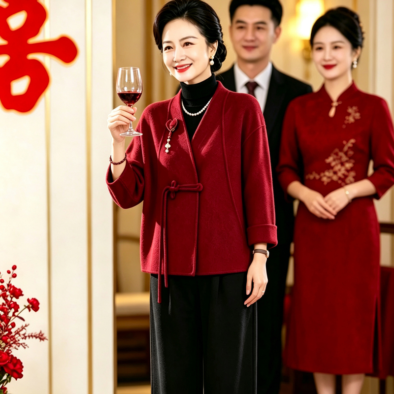 Petite Mother's Traditional Chinese Wedding Attire, Spring, Autumn, and Winter Woolen Coat, 2026 New Style, Mother-In-Law's Wedding Banquet Outfit, Plus Size