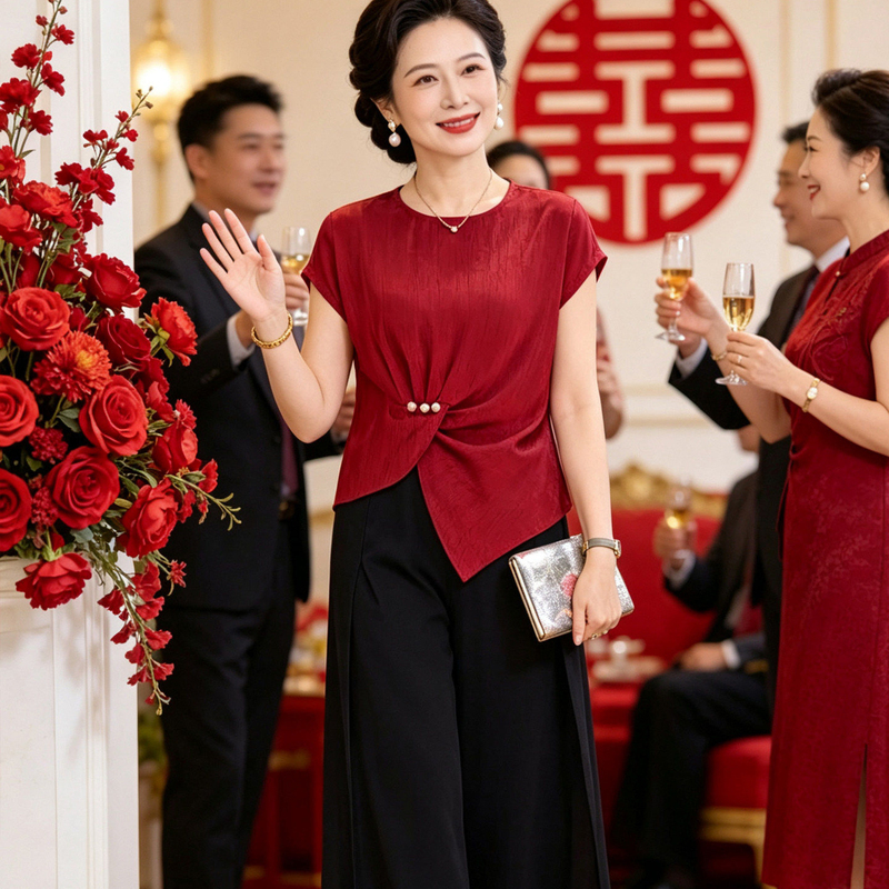 Elegant Wedding Dress for Mother, Summer Pants Suit 2026, Red Top for Mother-In-Law's Wedding Banquet, Can Be Worn Casually
