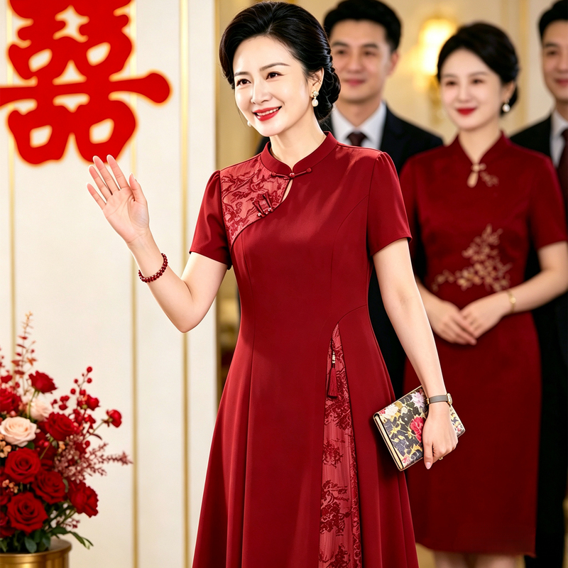 Mom's Summer Red Cheongsam Dress for Middle-Aged Women, Suitable for Weddings, Engagements, and Banquets; Can Be Worn Casually