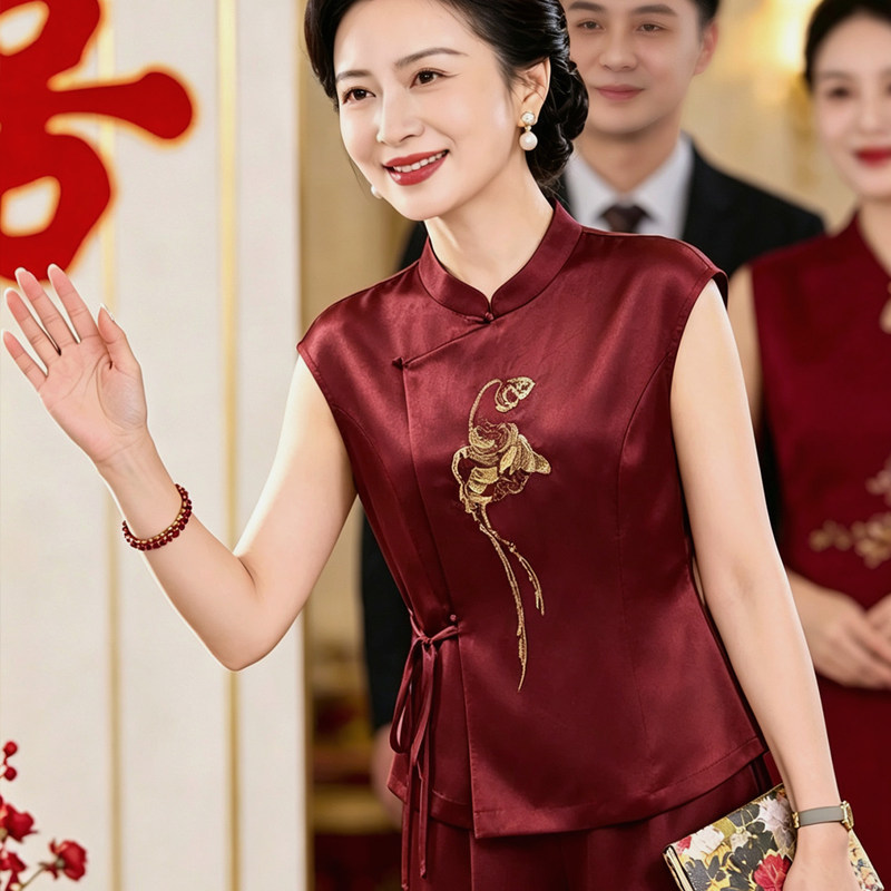 Wedding Attire for Mother, Summer Red Pants Suit, 2026 New Style, New Chinese Style, Mother-In-Law's Outfit for Wedding Banquet