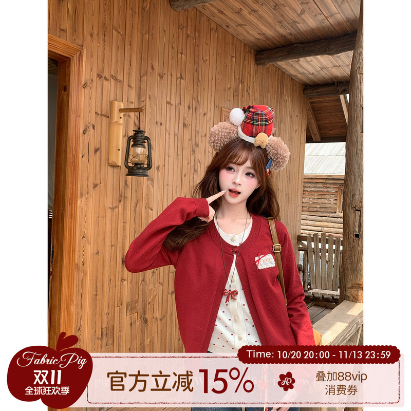 Fabric Pig Red Date Warm Candy Korean Sweet Style Fake Two-Piece Red Sweater for Women Autumn and Winter Polka Dot Knit Top Fabric Pig Red Date Warm Candy Korean Sweet Style Fake Two-Piece Red Sweater for Women Autumn and Winter Polka Dot Knit Top