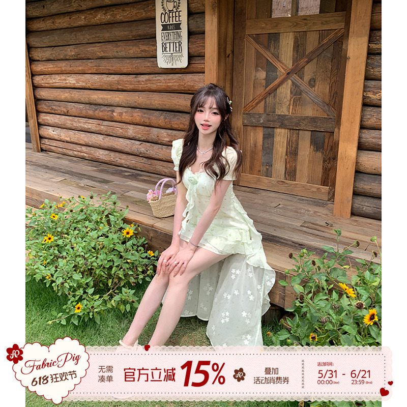 Fabric Pig Green Jasmine Mint Mambo Style Irregular Floral Dress Women's Summer Detachable Train Dress