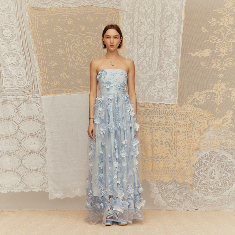 Deplumer Sky Blue Stereo Embroidered Mesh Waist-Cinching Dress 2025 Summer New Style