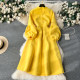 European and American high-end party dress women's fashionable bow tie lantern long-sleeved waist wide swing dress