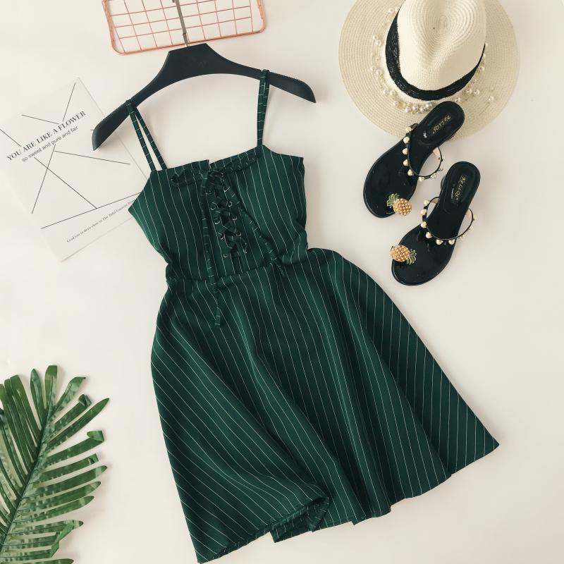 Hoa hậu cá chép kỳ nghỉ gió 2019 mới cổ điển sọc dress với ngực ngực ống eo Một từ ăn mặc mẫu đầm chữ a