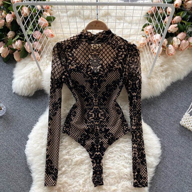 Autumn European and American ins bottoming jumpsuit women's long-sleeved mesh T-shirt slim fit all-match embroidered design sexy top