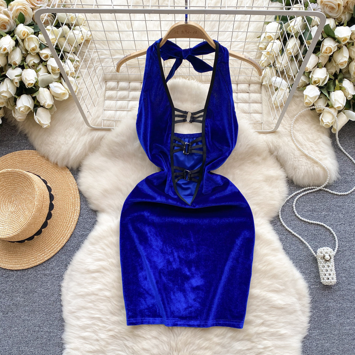 Chillgio sexy rücken freie Velours Frauen Kleid solide erotische Nachthemd Sommerkleid schlanke Halfter Vestido Club Mode Mini Bleistift Nachthemden – Detail 2