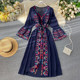 Ins retro ethnic style heavy industry embroidery travel photography holiday dress femininity V-neck drawstring waist slimming dress