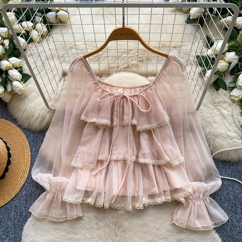 French Sweet and Gentle Pink Mesh Shirt for Women, Long-Sleeved Loose Lace Top with Bow, Autum 2026 French Sweet and Gentle Pink Mesh Shirt for Women, Long-Sleeved Loose Lace Top with Bow, Autum 2026