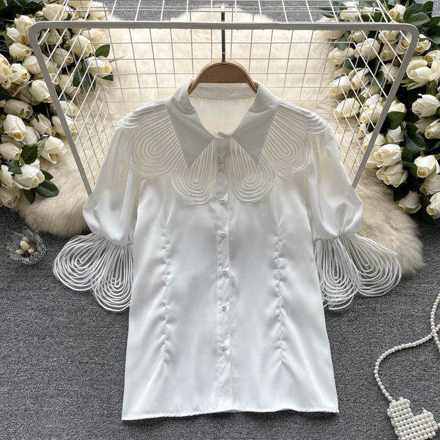 French court style petal stitching puff sleeve shirt female niche design chic lapel satin cardigan top