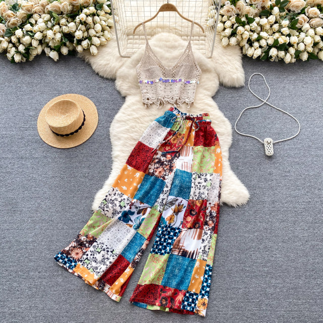 Bohemian resort style suit, retro camisole, versatile design, color-blocked printed wide-leg pants two-piece set