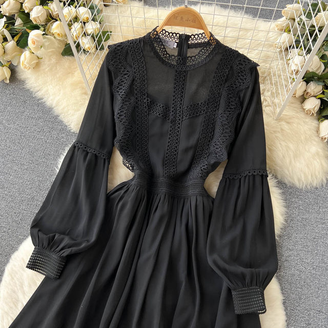 Spring new style French style light cooked style lace splicing long skirt female slimming high sense round neck large swing loose dress