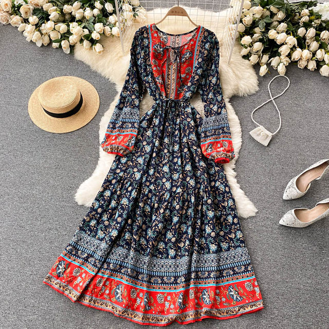 Retro national style travel photography vacation floral dress 2022 new chic foreign bubble sleeve printed long skirt