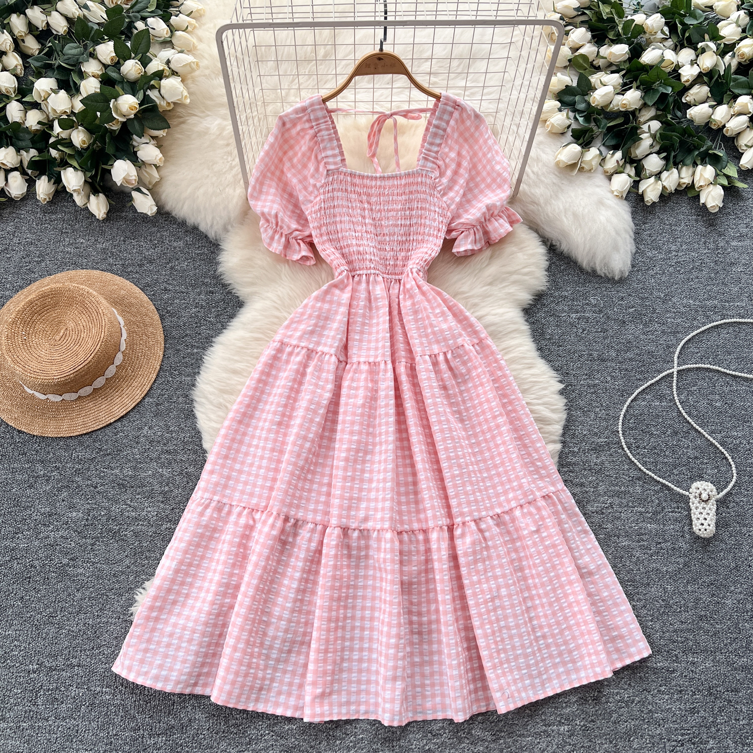 Dress, fitted skirt, cute brace, french style, square neckline, puff sleeves