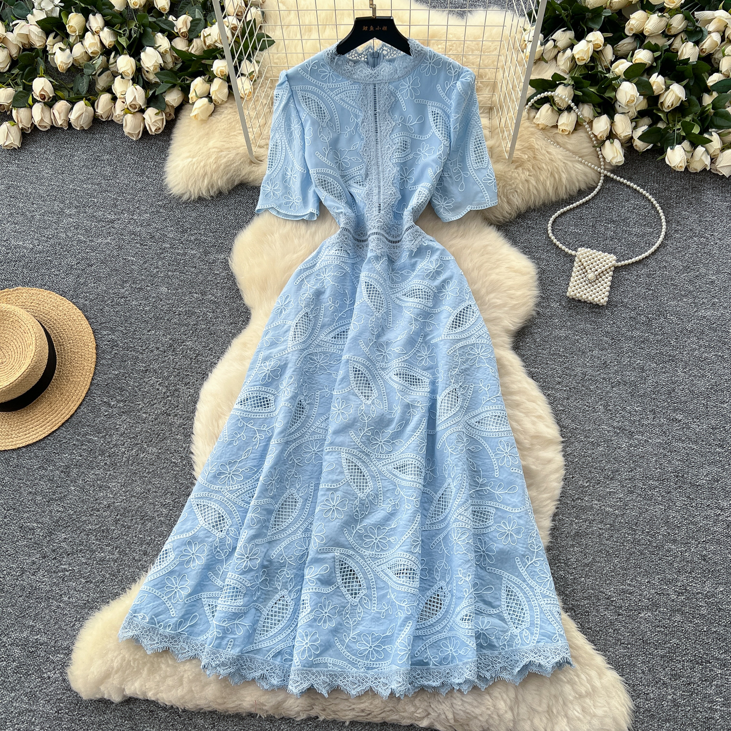 French high-end retro heavy industry embroidered waist short-sleeved dress - Image 7