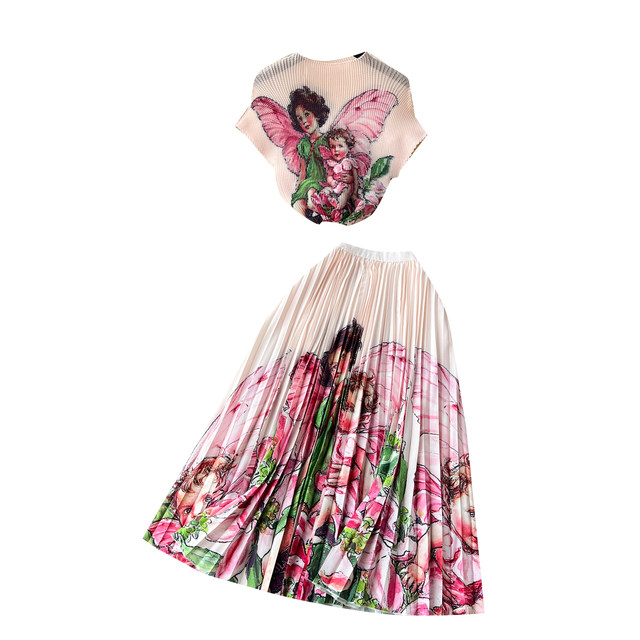 Fashion suit for women French high-end pleated printed short-sleeved shirt + high-waist slimming A-line pleated skirt