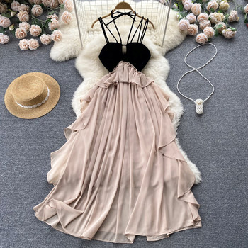 Sweet Spice Girl French Super Fairy Vacation Irregular Suspender Dress Fashion Seaside Beach Skirt Stitching Chiffon Dress Female